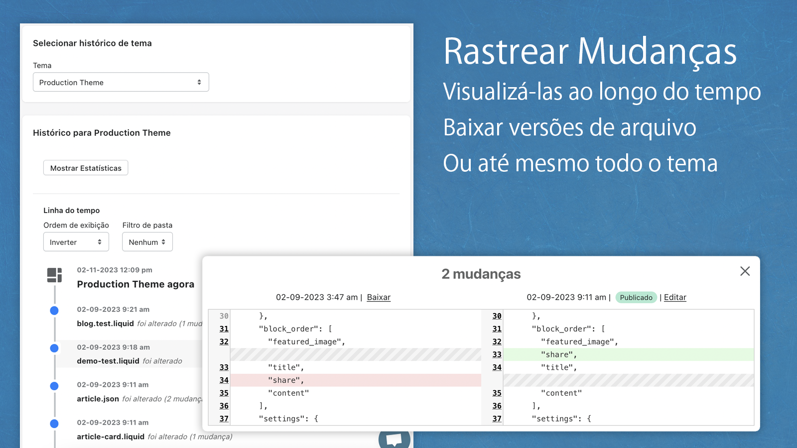 Acompanhe o histórico do tema e baixe backups