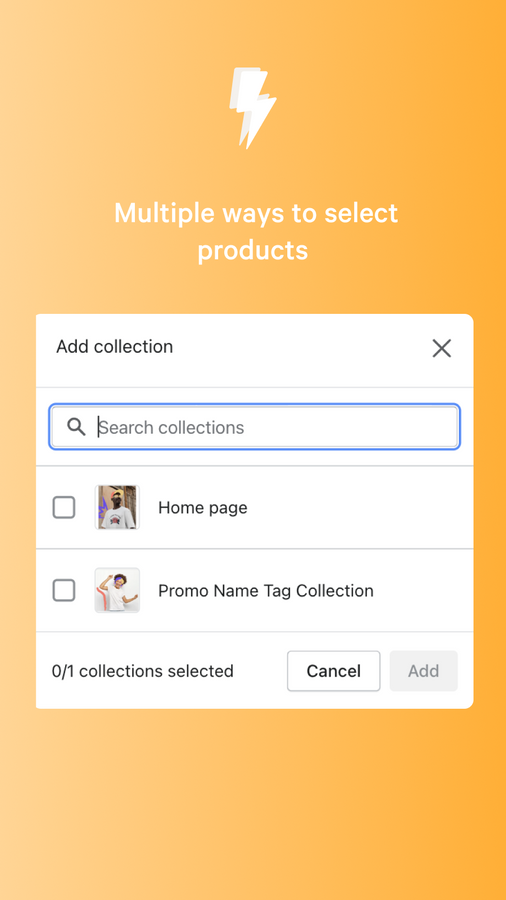 Screenshots of modal on mobile for selecting collections