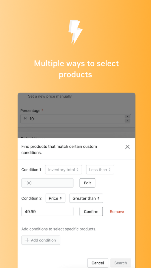 Screenshots of modal for custom selection