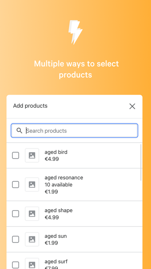 Screenshots of modal on mobile for selecting products