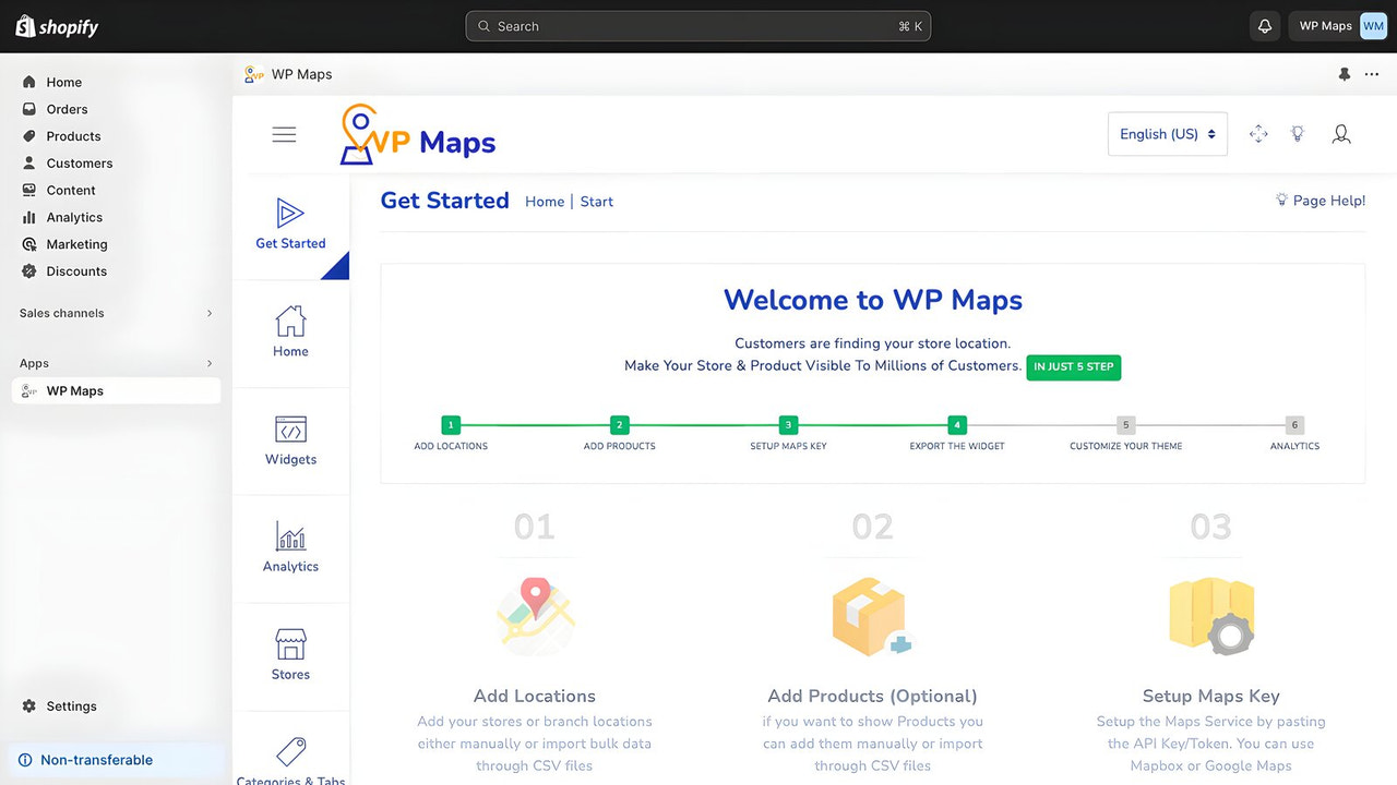 Interfaz de usuario de la aplicación Shopify WP Maps