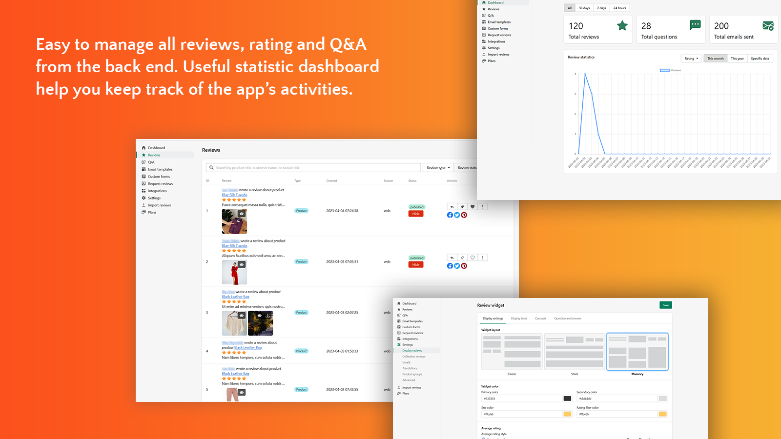 Backend UI. Dashboard, review listings page and general settings