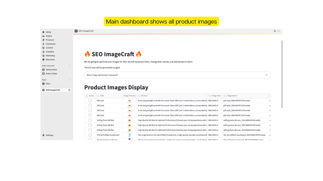 Main dashboard shows all product images with option for view