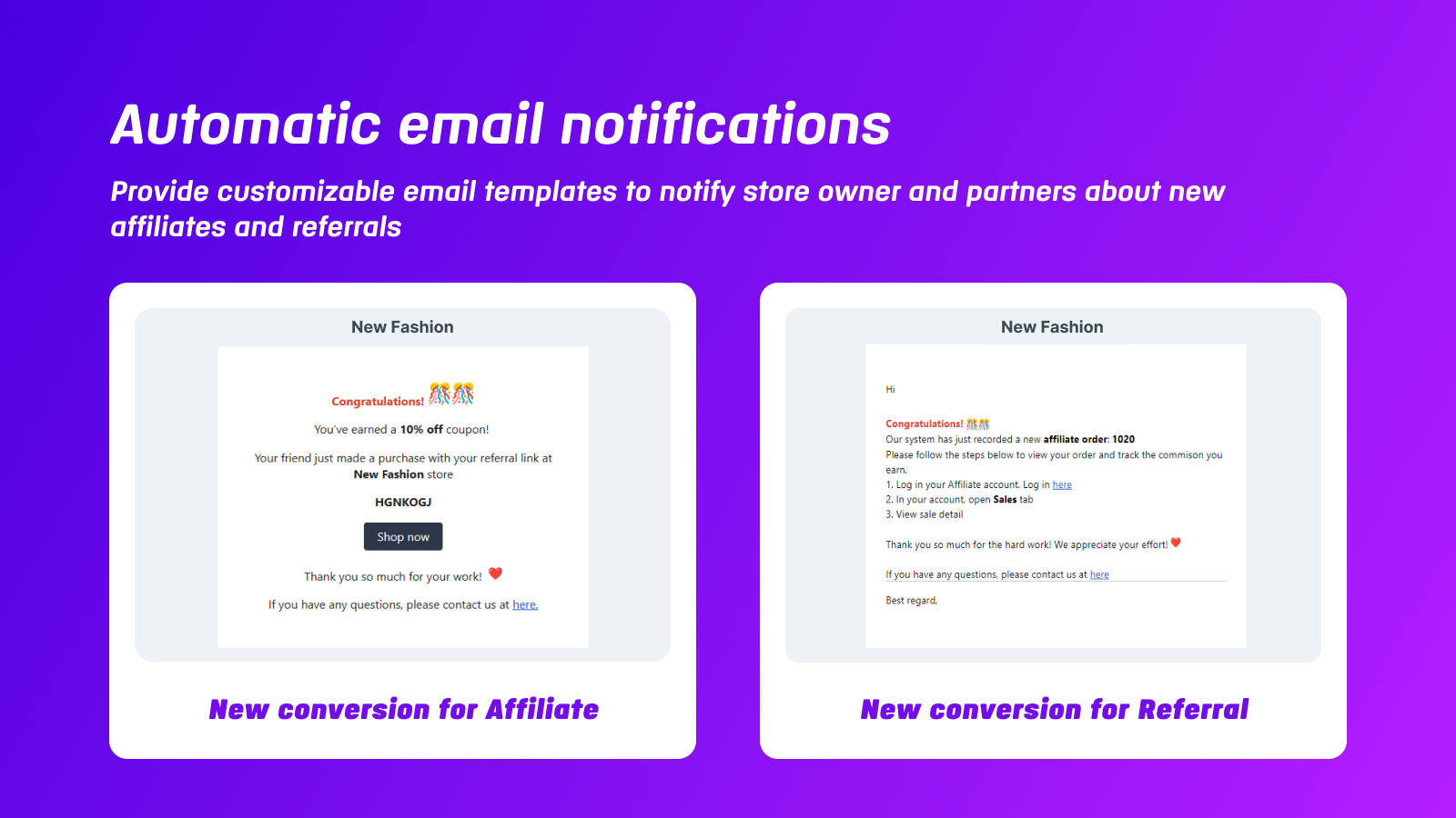 Application Shopify du programme d'affiliation - personnaliser l'email