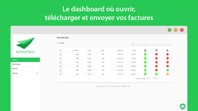 Le dashboard où ouvrir, télécharger et envoyer vos factures