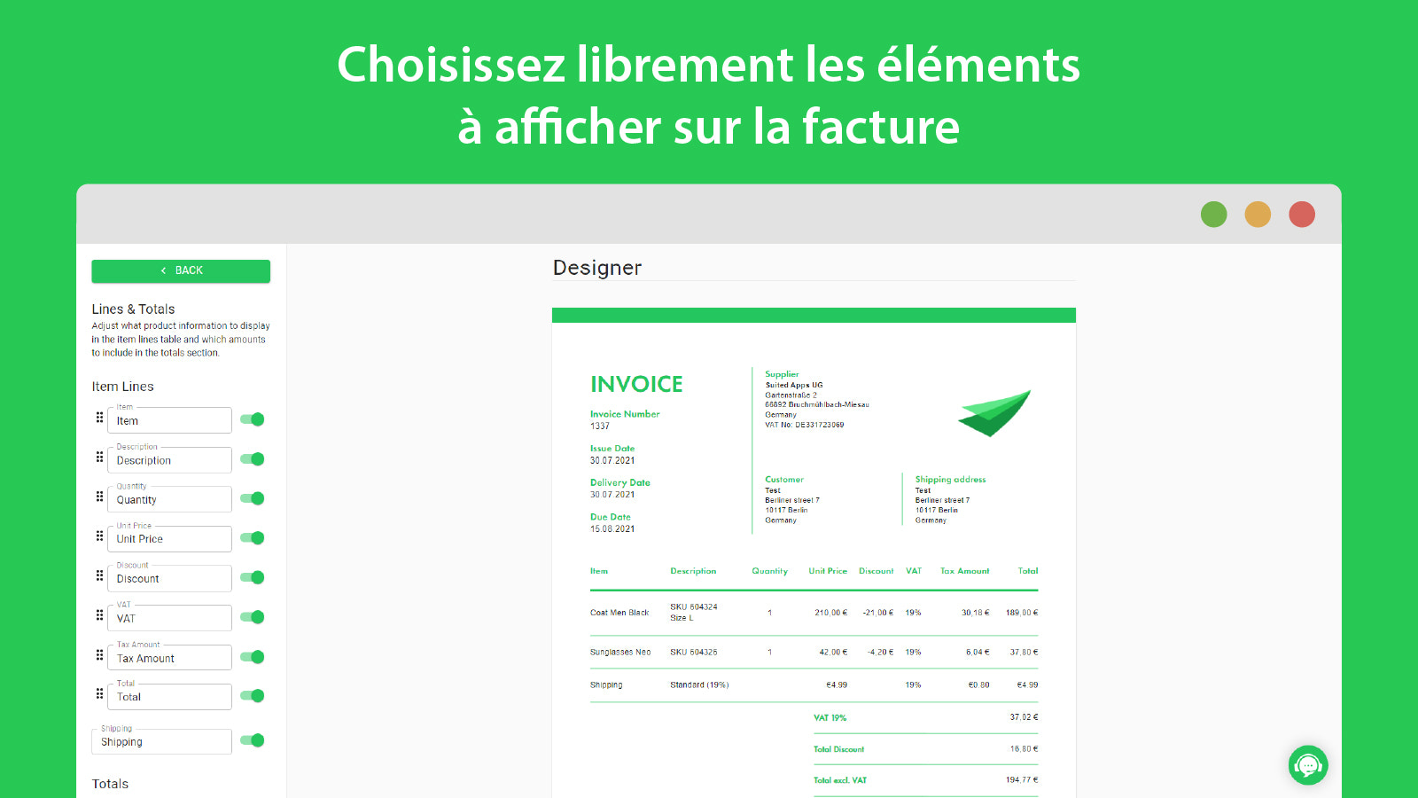 Choisissez librement les éléments à afficher sur la facture