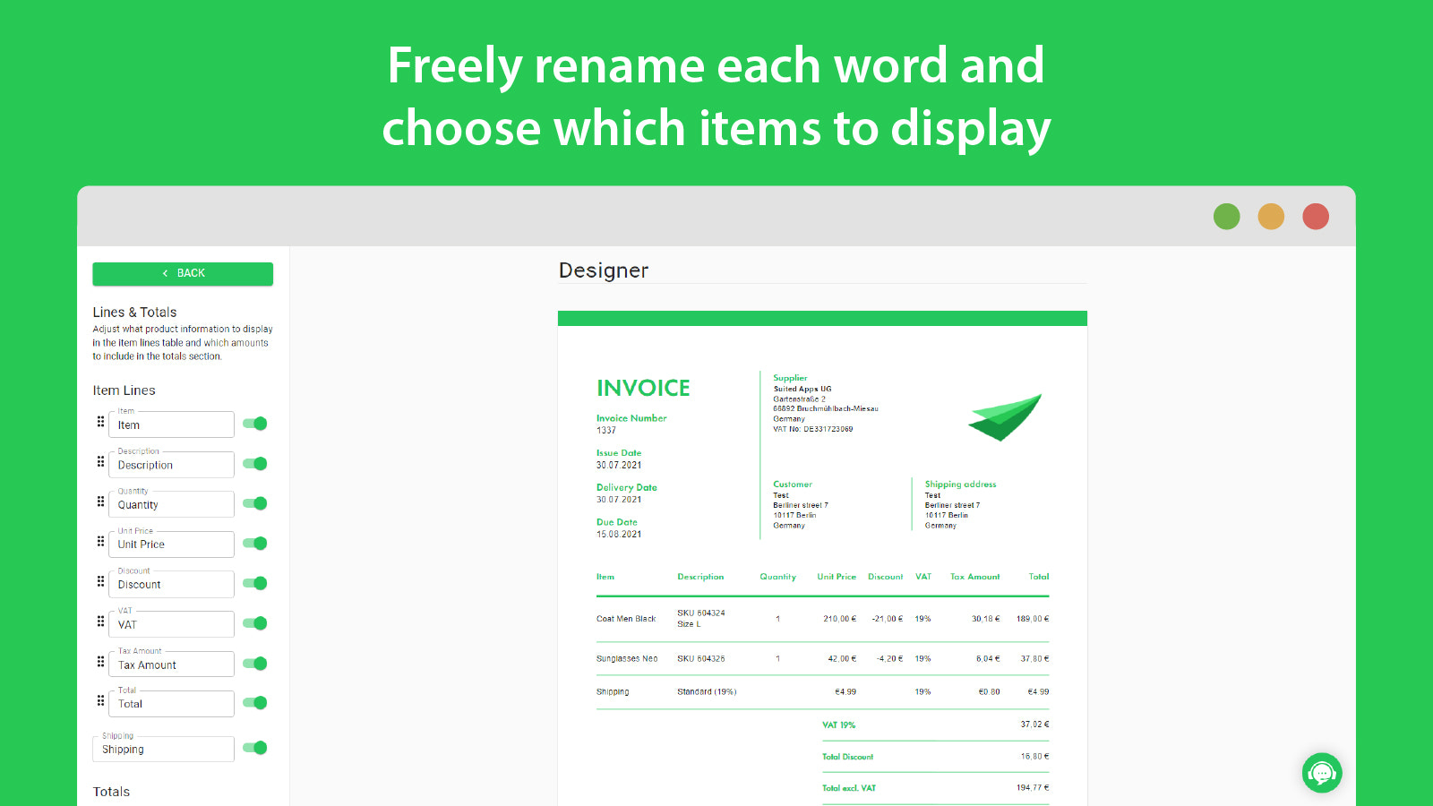 Freely rename each word and choose which items to display