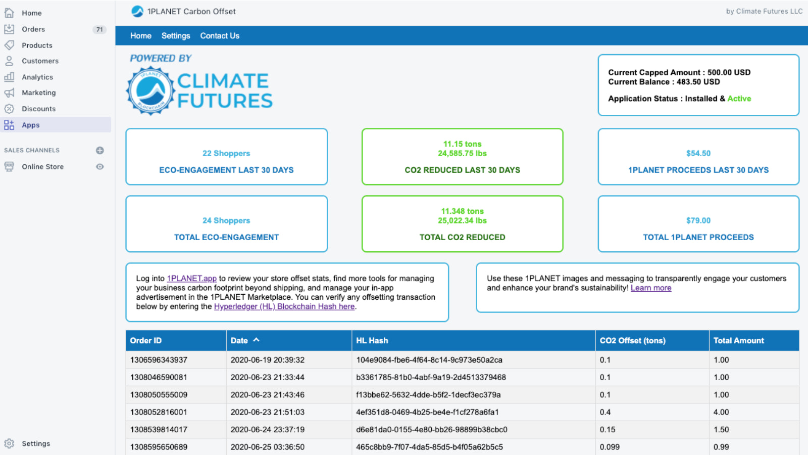 Captura de tela do Painel do Comerciante 1PLANET Carbon Offset.