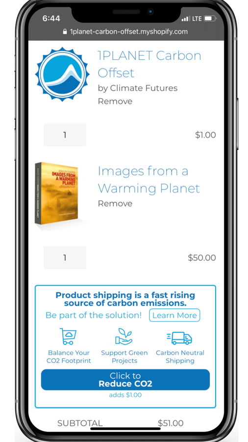 Mobiele weergave van 1PLANET Carbon Offset app widget in de winkelwagen.