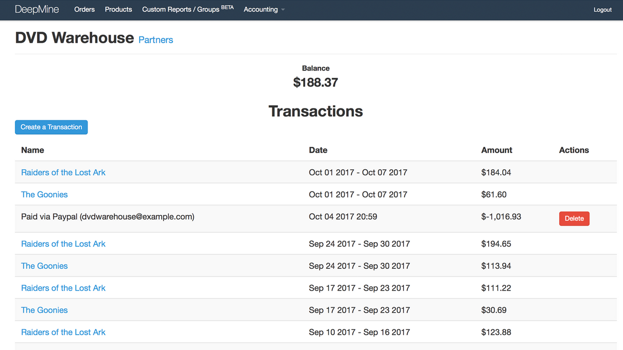 Partner Transaction List Screenshot