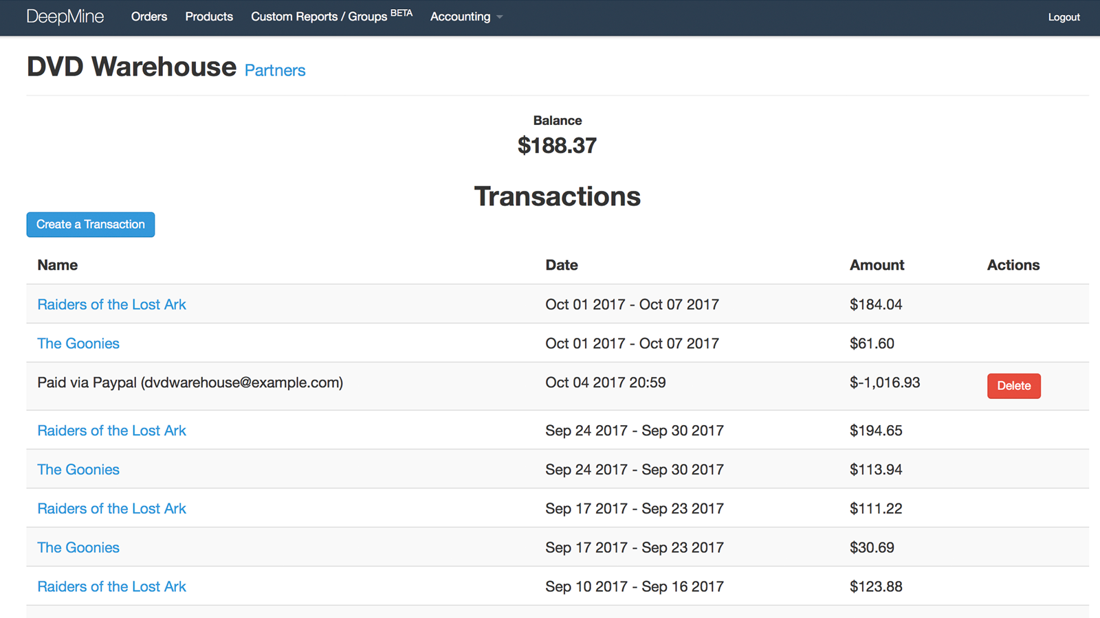 Capture d'écran de la liste des transactions des partenaires