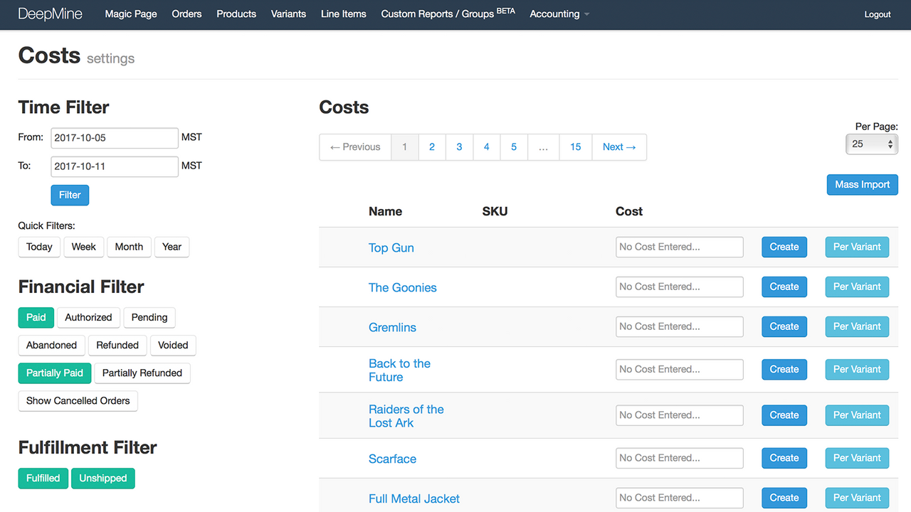 Cost of Goods Page Screenshot