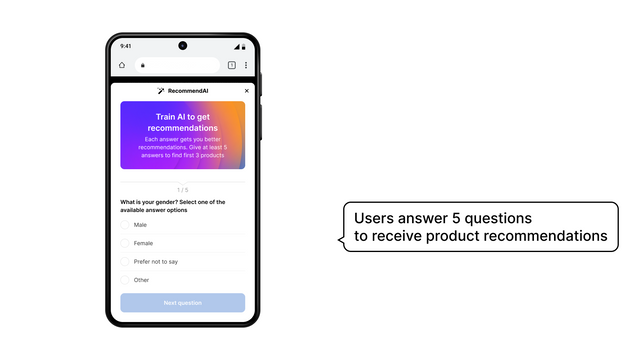Users answer 5 questions to receive product recommendations