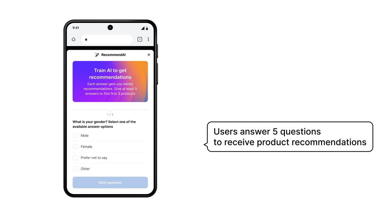 Benutzer beantworten 5 Fragen, um Produktempfehlungen zu erhalten