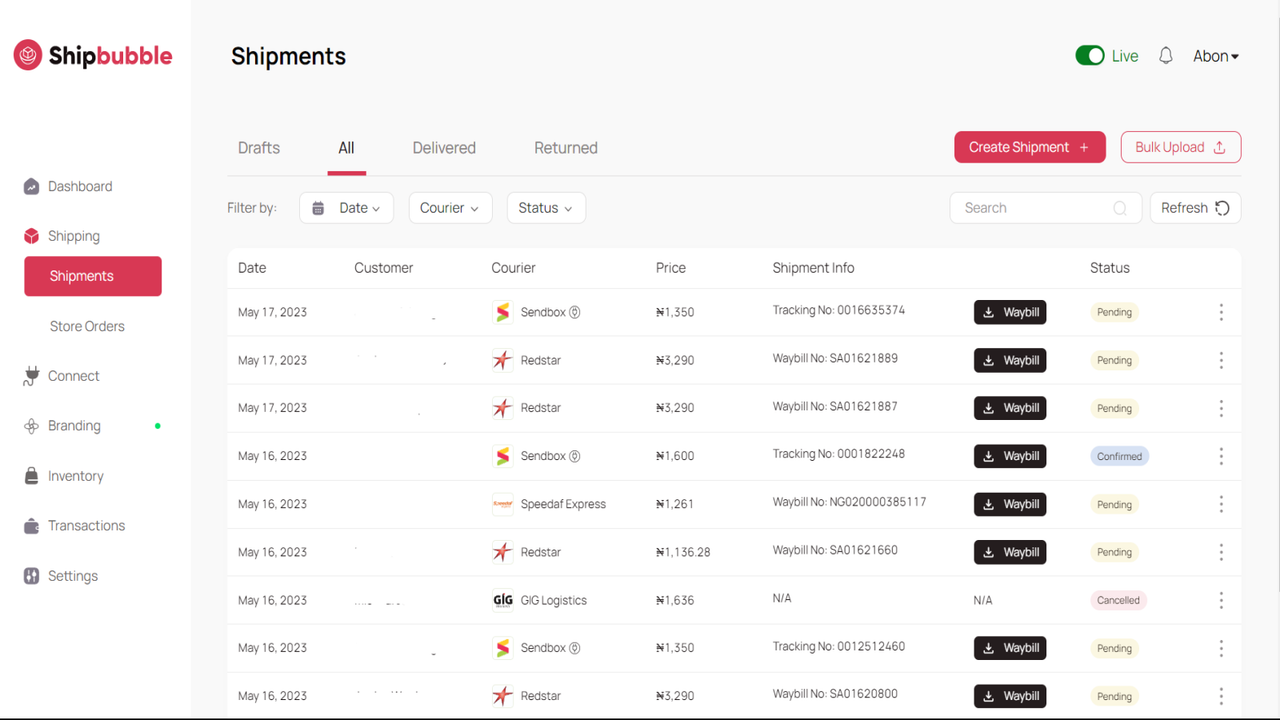 seguimiento de todos los envíos a través de mensajeros desde un solo panel de control