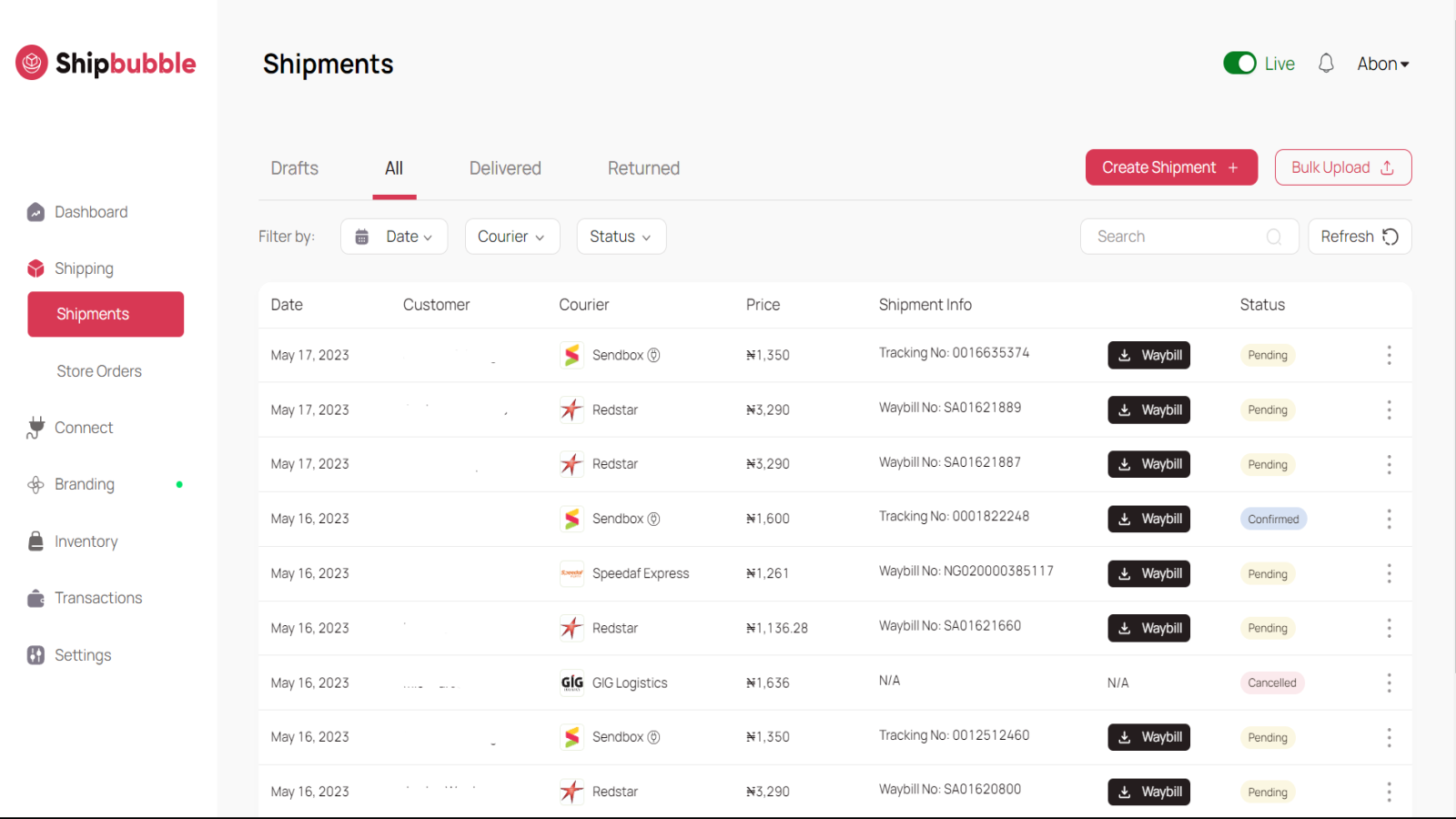 seguimiento de todos los envíos a través de mensajeros desde un solo panel de control