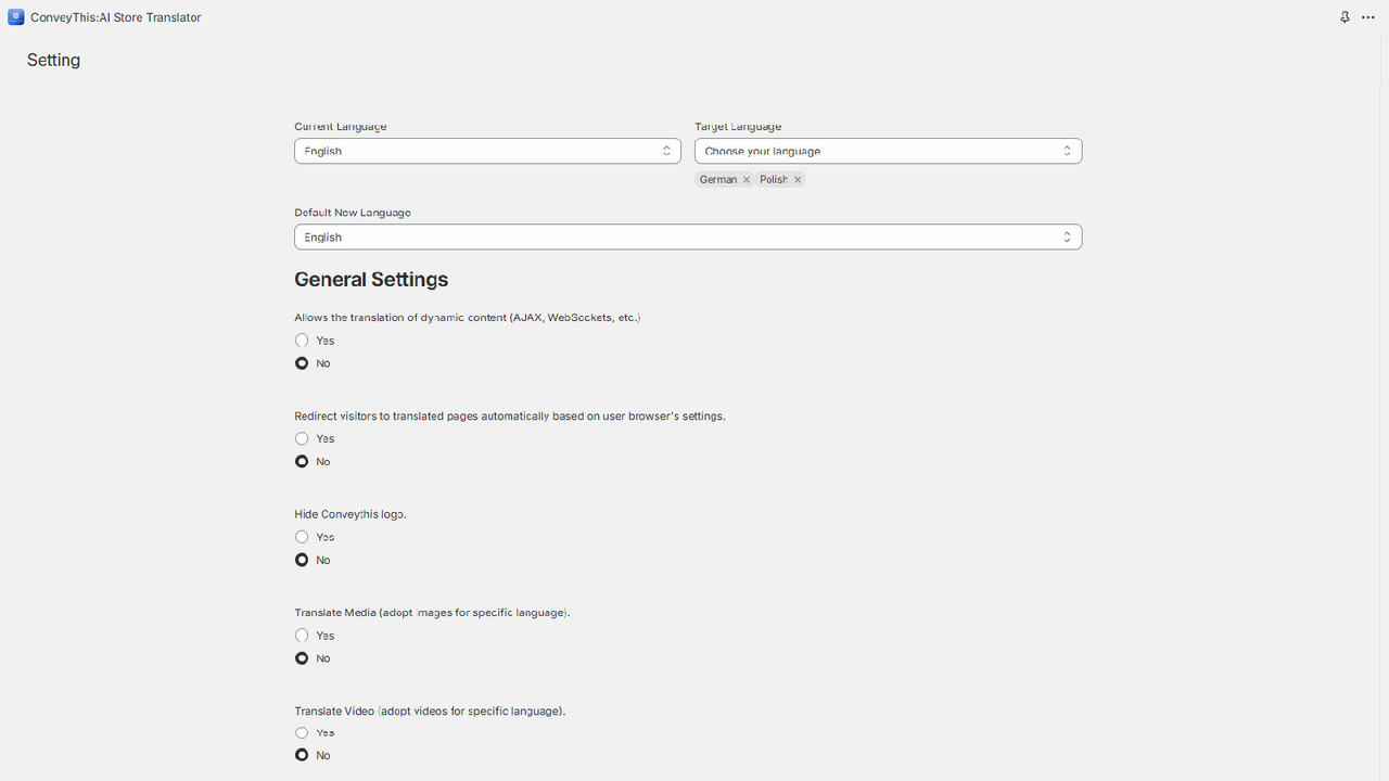 ConveyThis:AI Store Translator - Settings