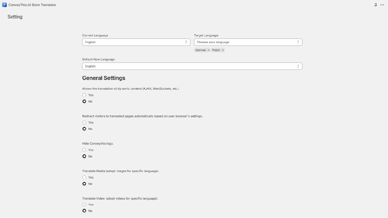 ConveyThis:AI Store Translator - Settings