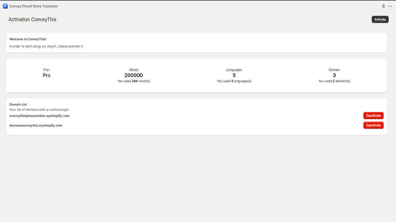 ConveyThis:AI Store Translator - Activatie