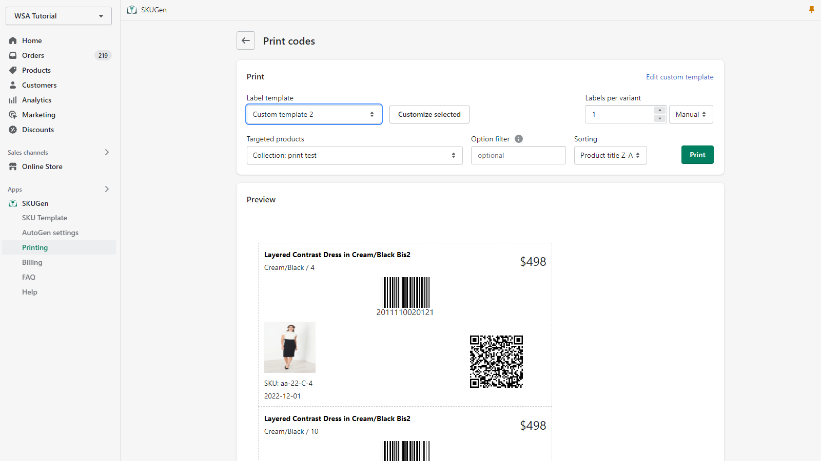 SKUGen Product label printing page