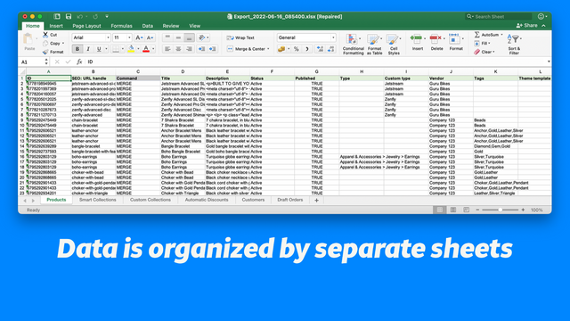 Los datos están organizados por hojas separadas