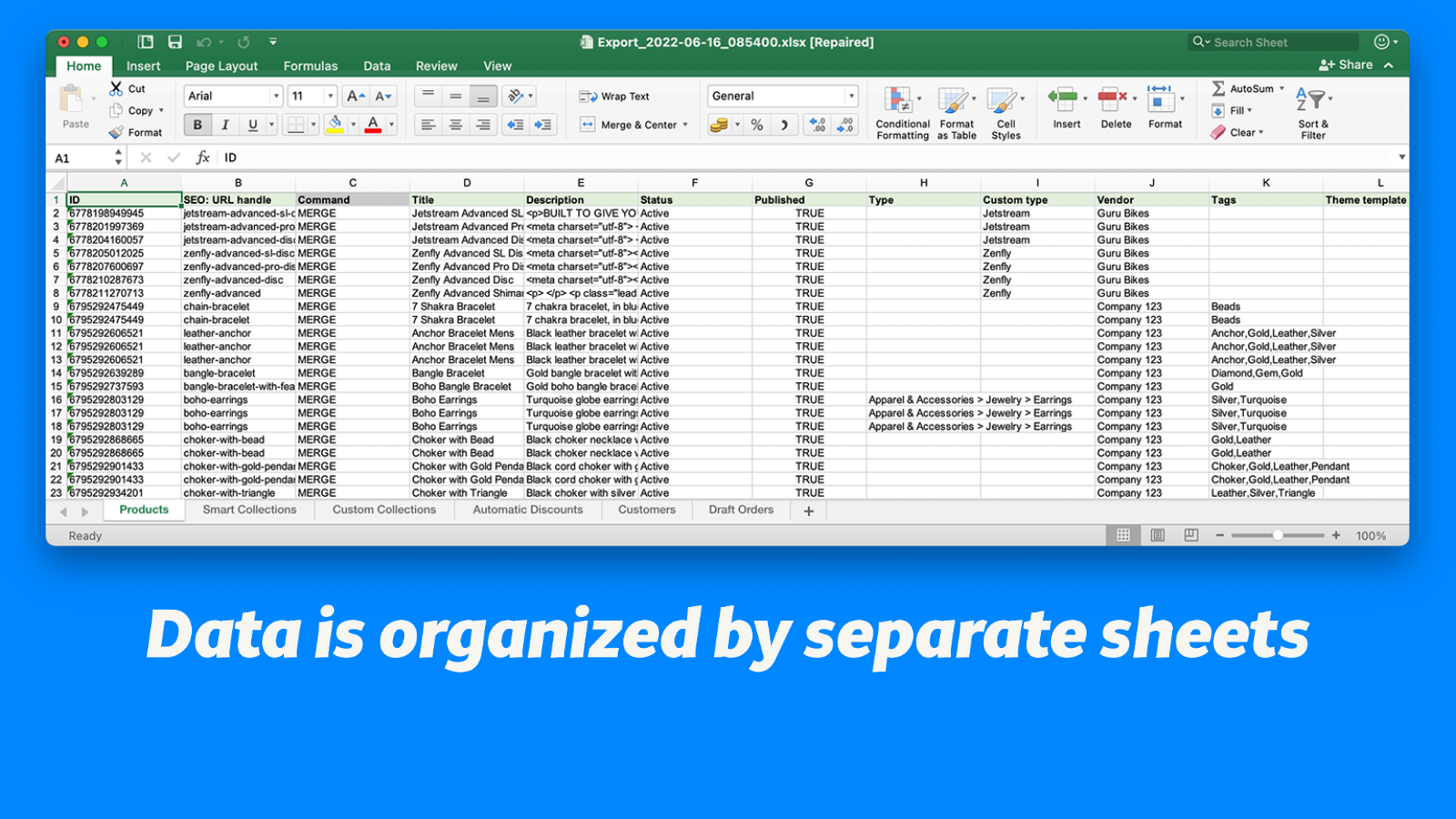 Data är organiserad i separata blad