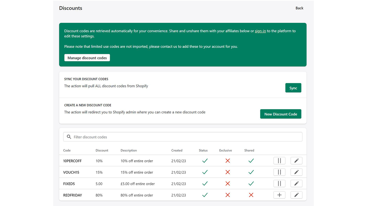 Discount codes management screen