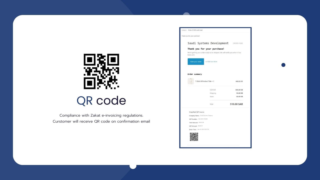 O cliente receberá o código QR no e-mail de confirmação (ZATCA)