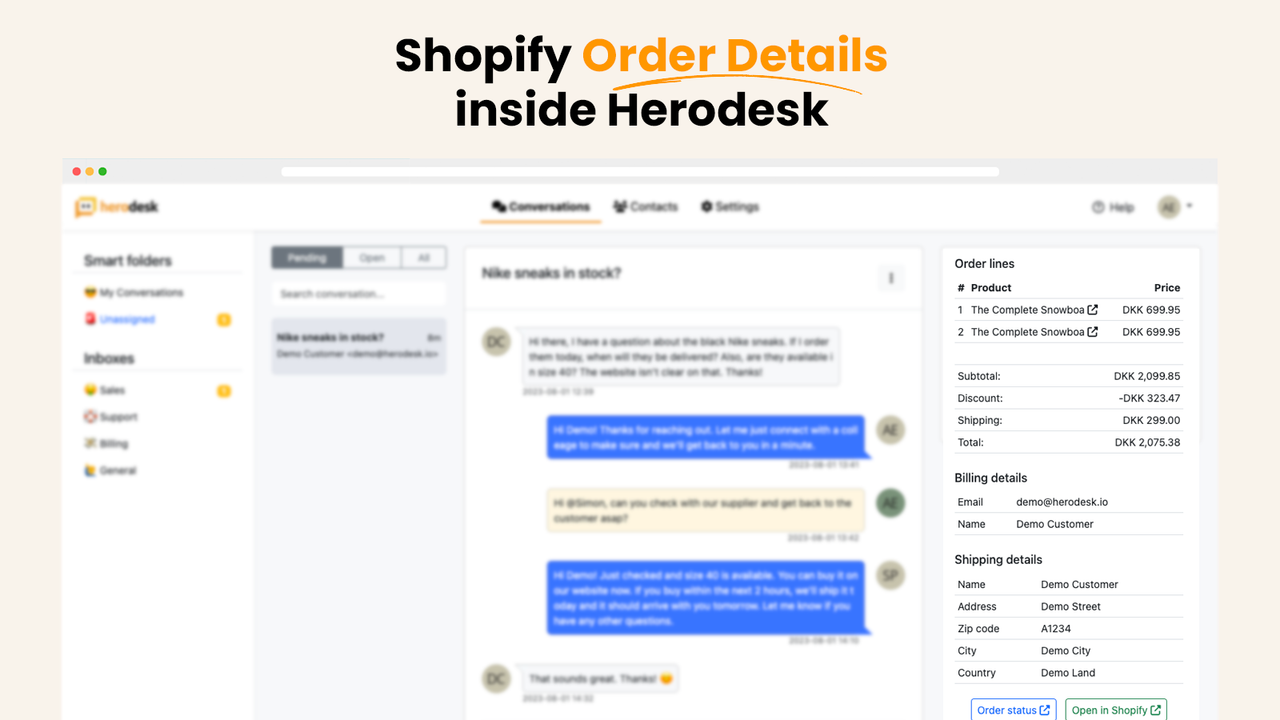 Detalhes do pedido do Shopify dentro do Herodesk