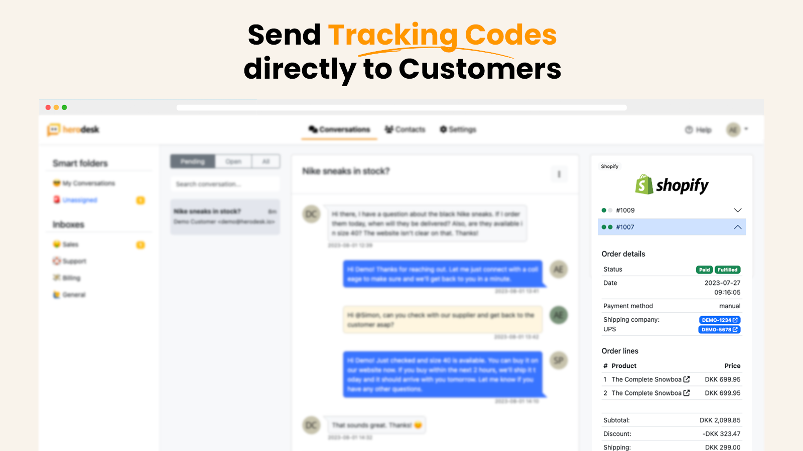 Tener enlaces de seguimiento dentro de Herodesk, incluyendo enlaces a Shopify