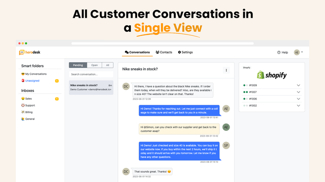 Shopify integration in Herodesk showing customers' orders.