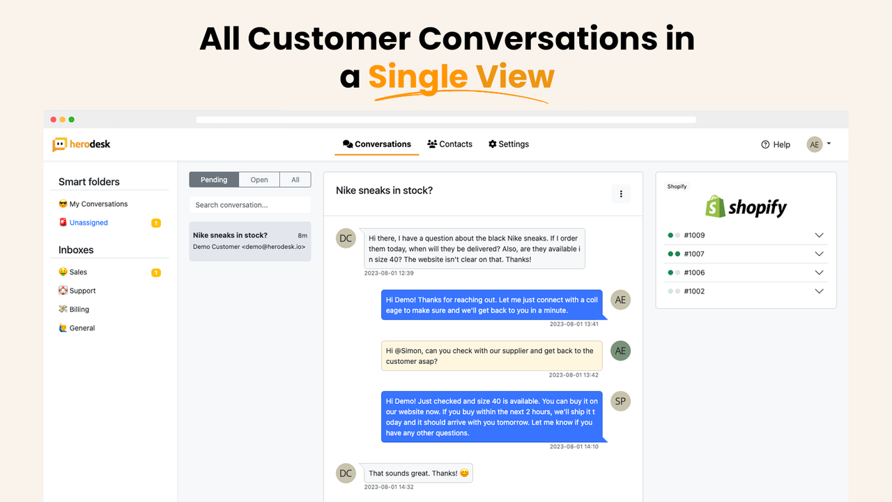Integração com Shopify no Herodesk mostrando os pedidos dos clientes.
