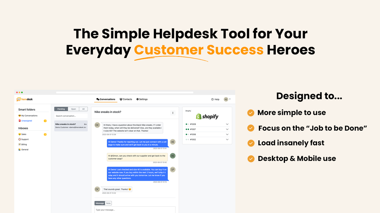 Intégration de Shopify dans Herodesk montrant les commandes des clients.