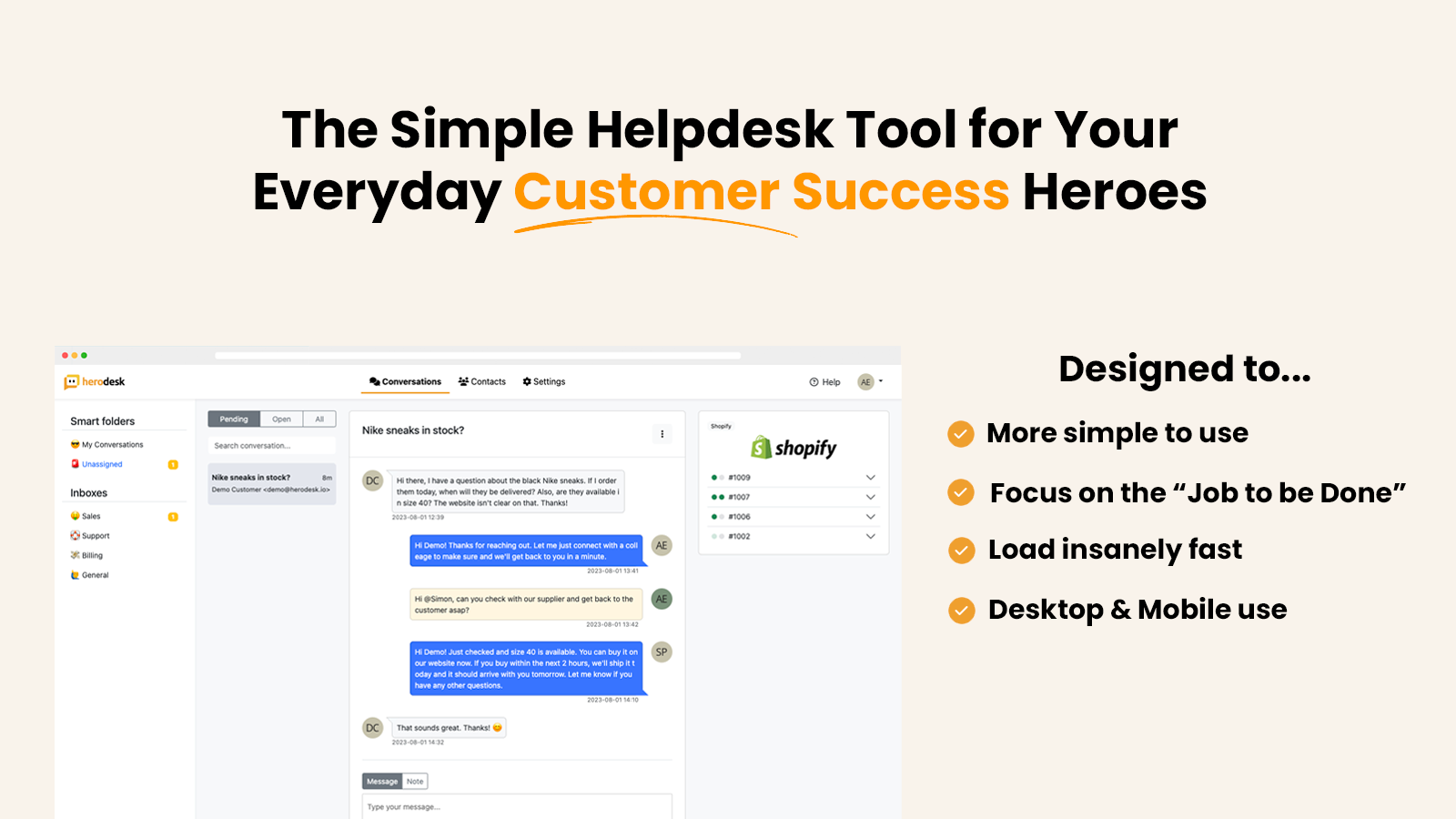 Shopify integration in Herodesk showing customers' orders.