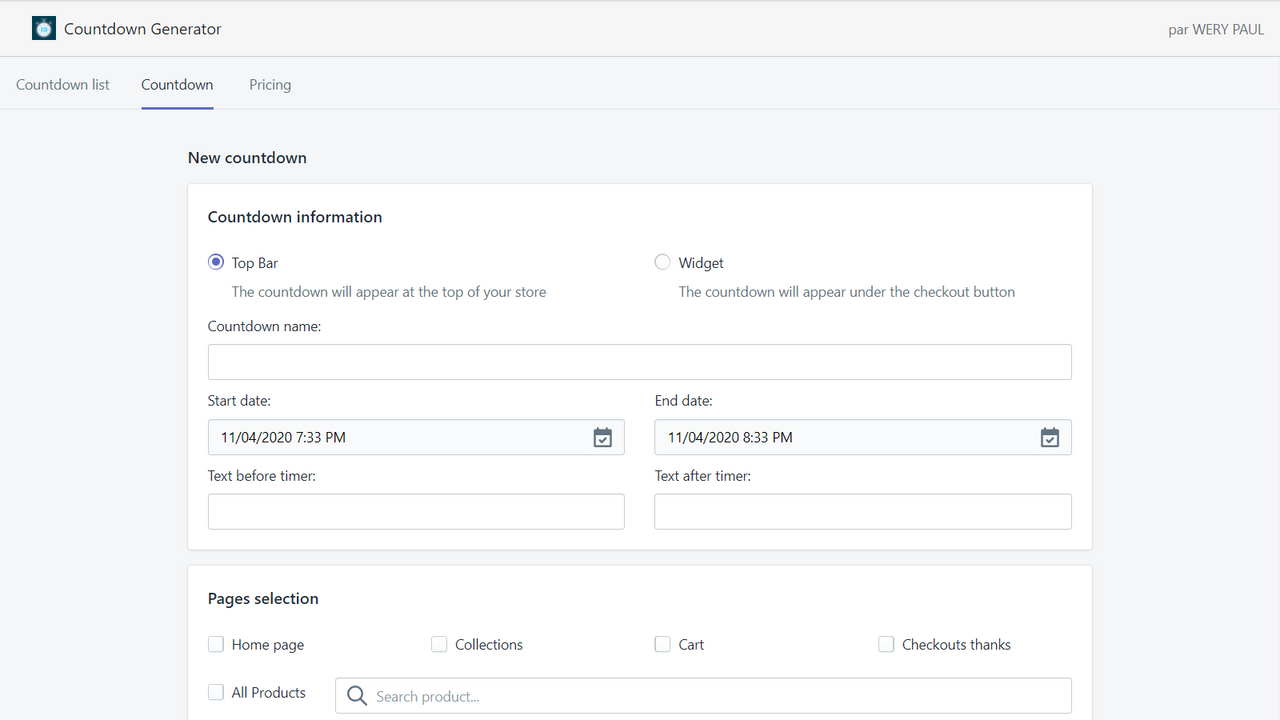 configuración de cuenta regresiva