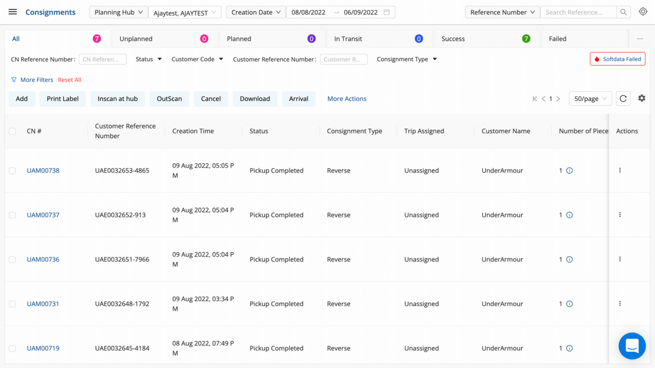 Pantalla de seguimiento de envíos consolidados