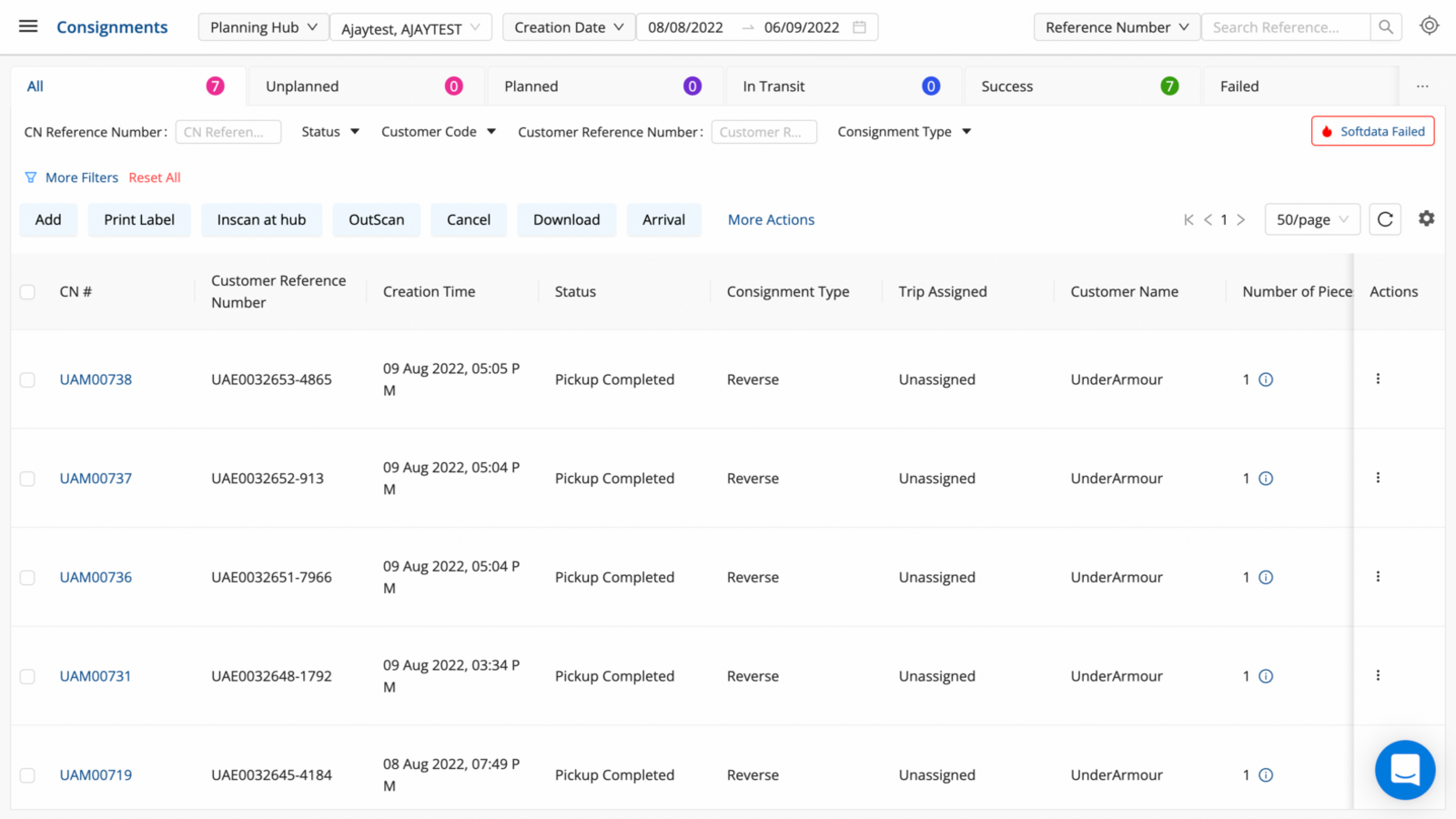 Pantalla de seguimiento de envíos consolidados