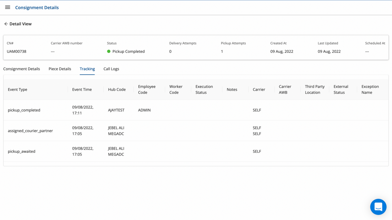 Forsendelses tracking detaljer