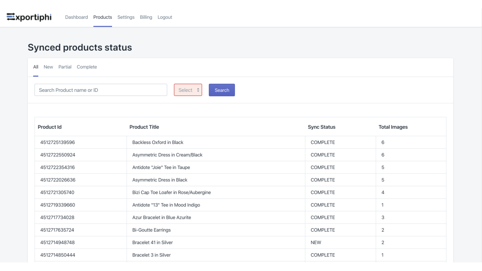 Page de statut de synchronisation des produits