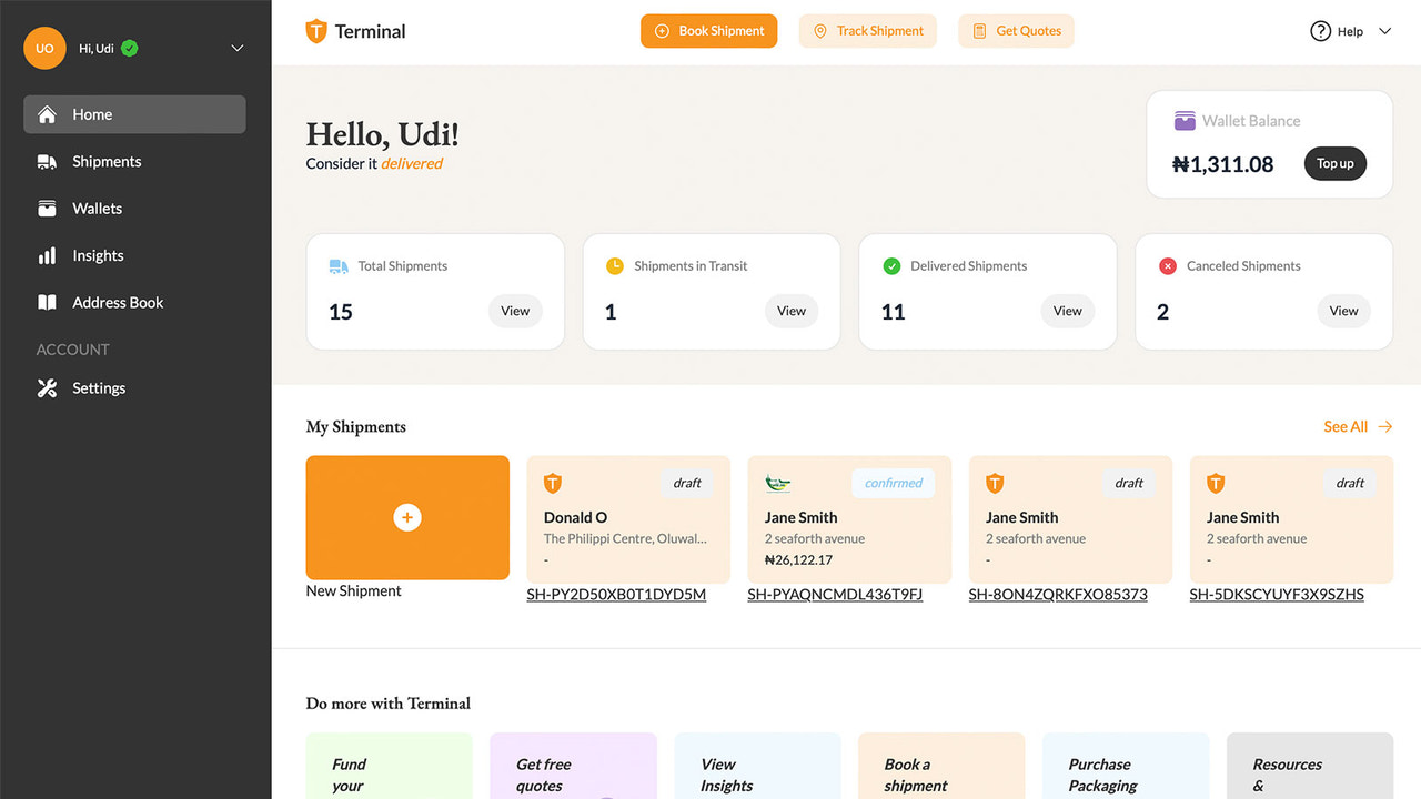 Terminalens instrumentpanel som visar uppfyllnadsaktivitet