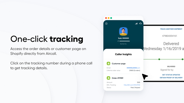 Toegang tot het Shopify backoffice of tracking details in één klik.