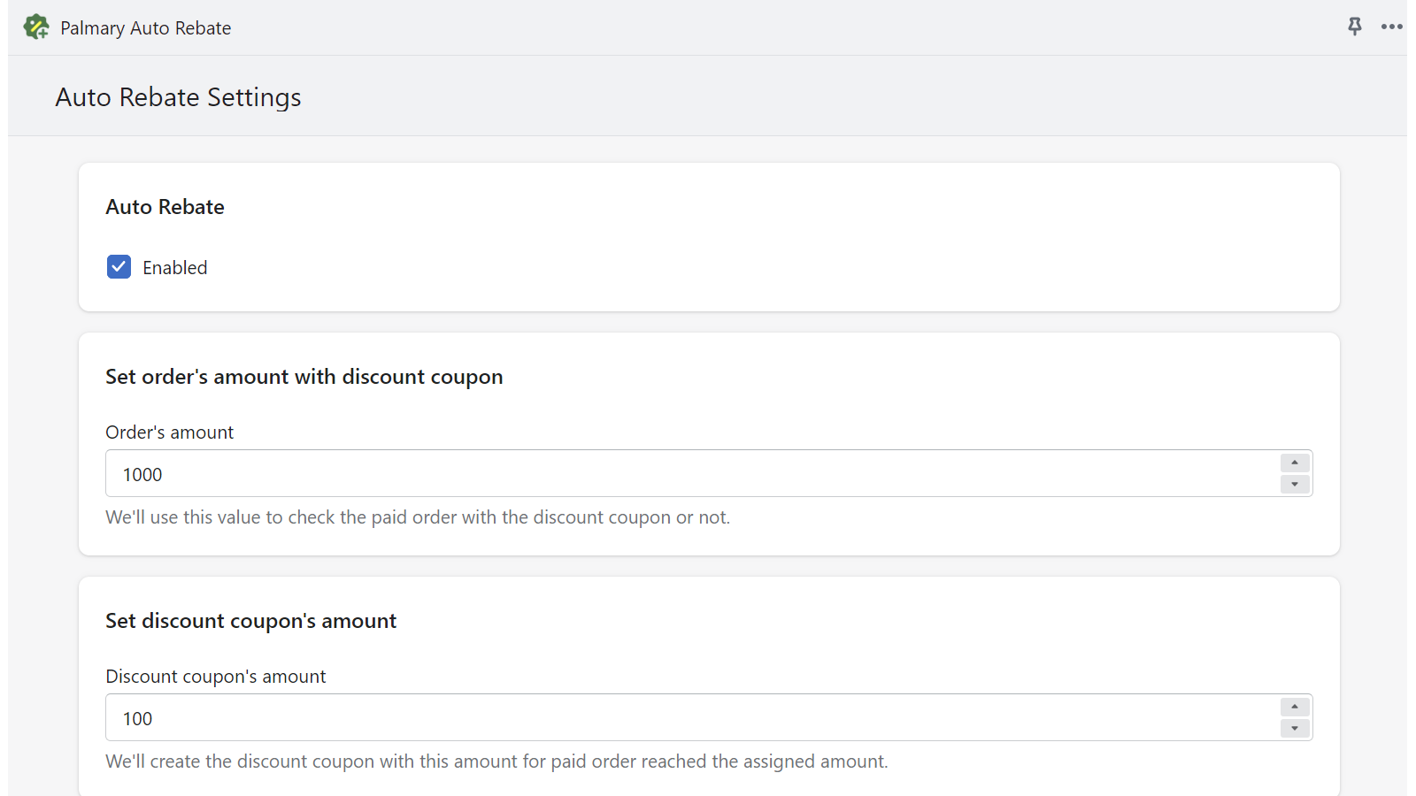 Palmary Auto Rebate Settings Screen 01