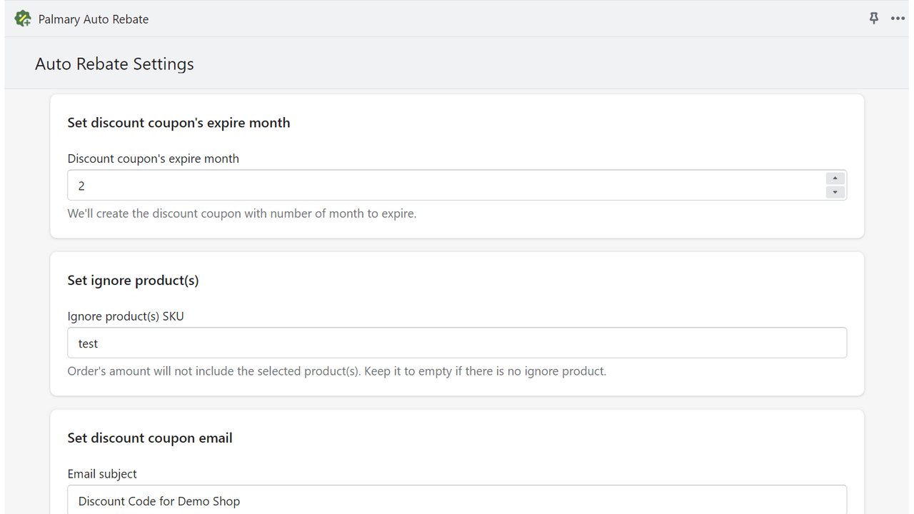 Palmary Auto Rebate Settings Screen 02