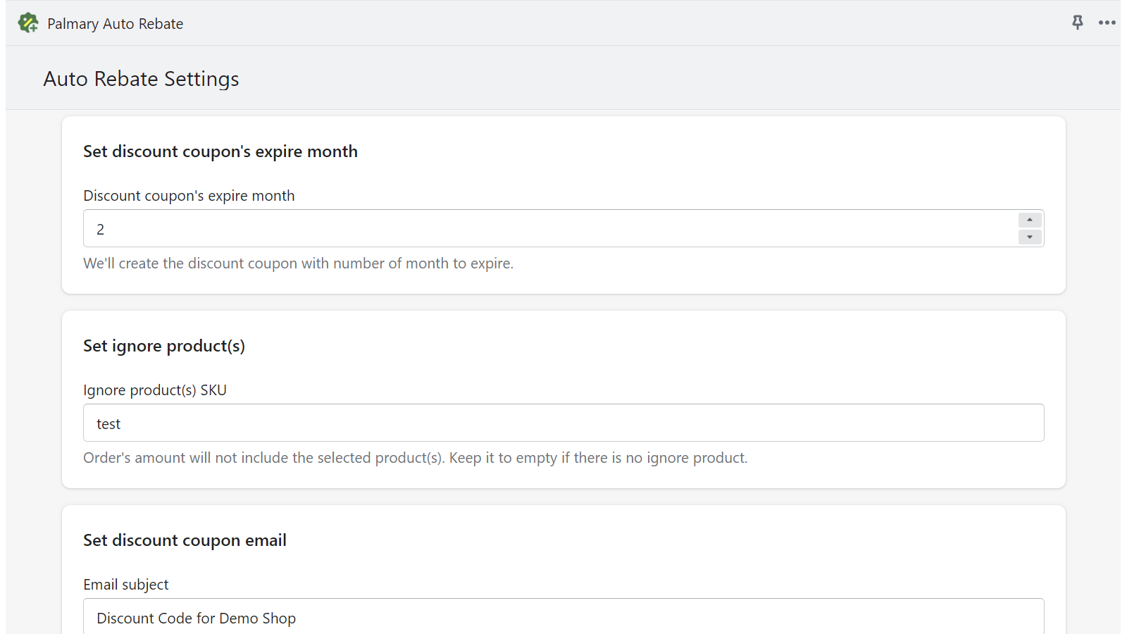 Palmary Auto Rebate Settings Screen 02