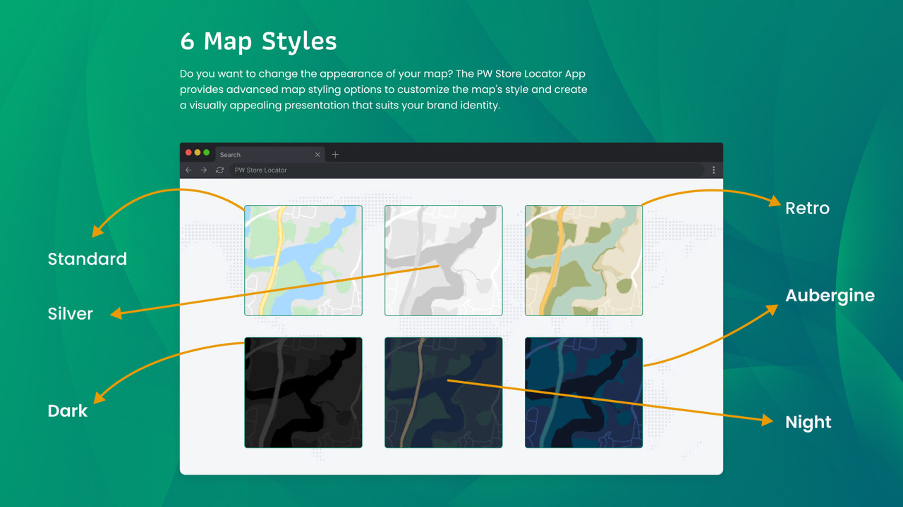 Pw localizador de tiendas tiene 6 temas de mapas