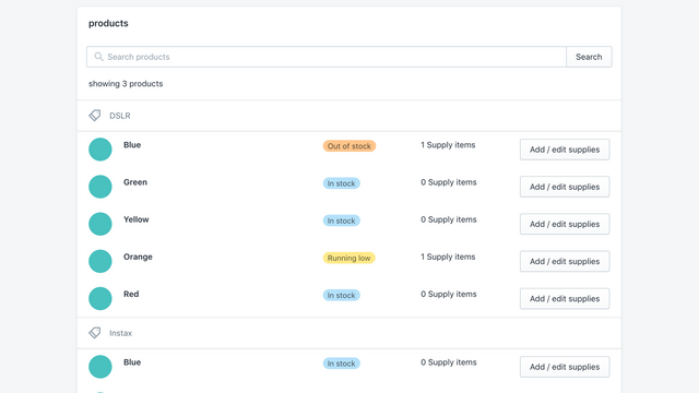 dashboard app produktlista med lagerstatus