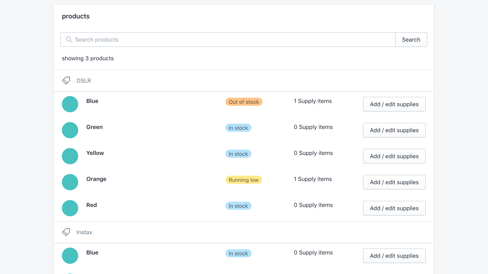 dashboard app produktlista med lagerstatus