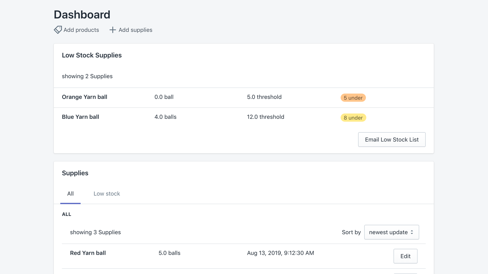 dashboard app view displaying low stock supplies list