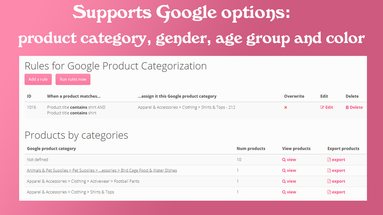 Exportez les catégories de produits Google, les groupes d'âge, les genres et les couleurs