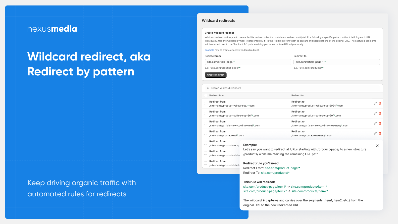 Wildcard redirect to setup auto rules for redirects